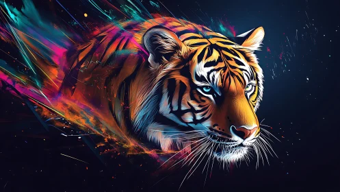 Neon tiger portrait cuts through dark space with trailing colors