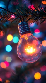 Gentle holiday bulb glows warmly among colorful lights