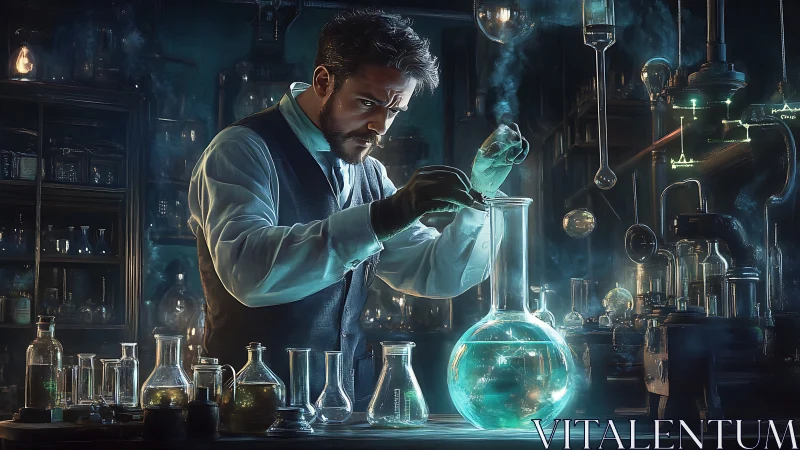 Focused scientist in glowing vintage laboratory experiment.