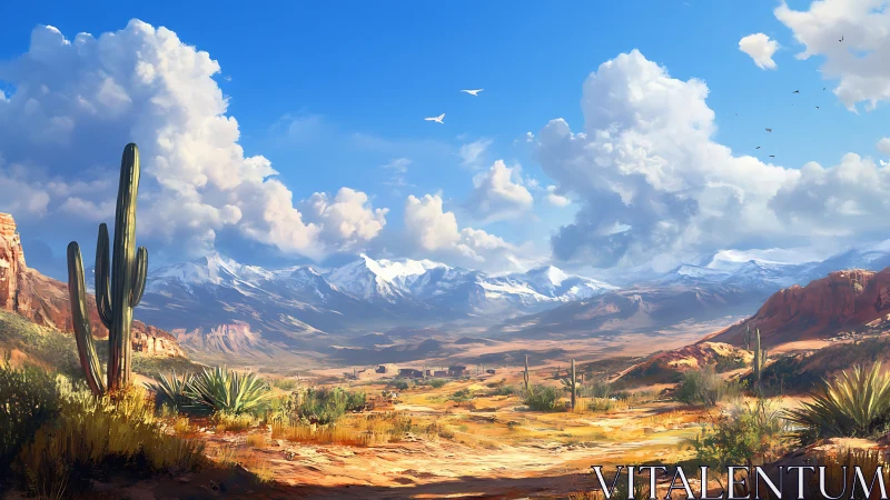 Sunlit desert valley below distant snowcapped peaks panorama.