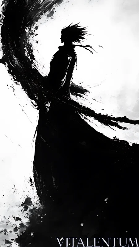 Ink-splatter silhouette of lone figure in dynamic black cloak
