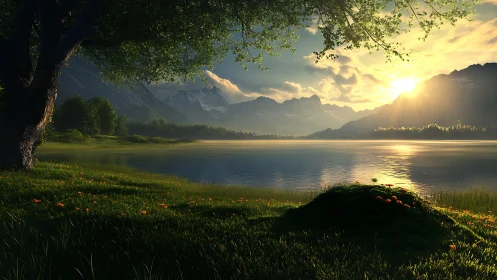 Digital painting of alpine lake sunrise with lush foreground.