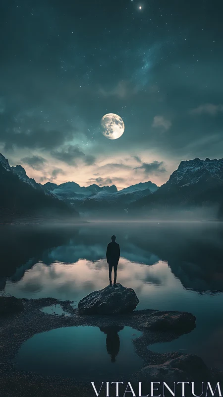Moonlit wanderer pausing on the lake&rsquo;s quiet silver mirror.