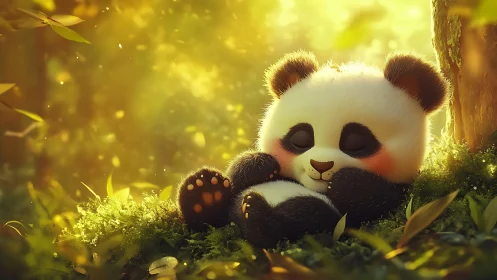 Sleepy baby panda dreams in a golden forest glow