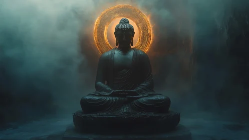 Luminescent meditative Buddha with radiant halo in mist chamber.