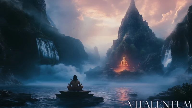Solitary yogi meditates before luminous mountain temple