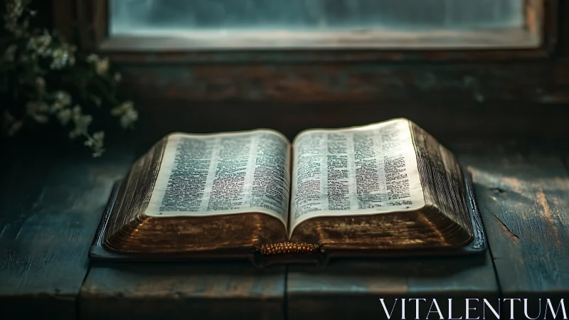 Open religious text on wooden table under window light.