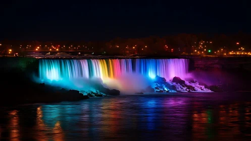 Radiant night waterfall glows in vivid rainbow colors of light
