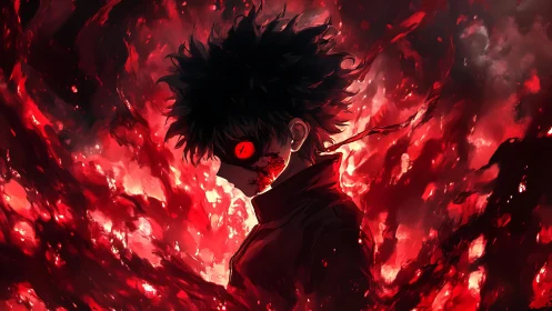 Crimson embers orbit a haunted-eyed rebel in molten shadow