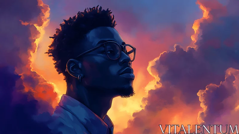 Sunlit clouds cradle a thoughtful young man in quiet wonder