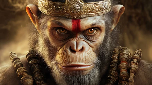 Regal warrior monkey portrait with ornate crown and beads.