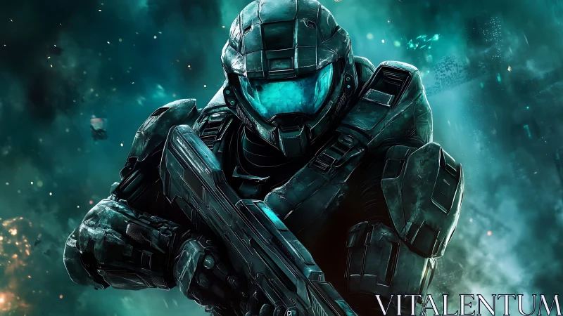 Armored space marine advances through teal-lit combat haze