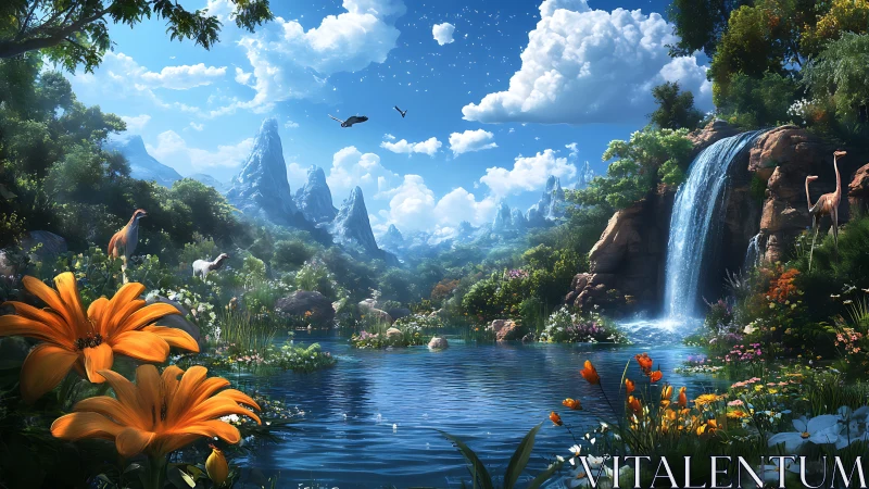 Luminous fantasy valley lake with cascading waterfall panorama.