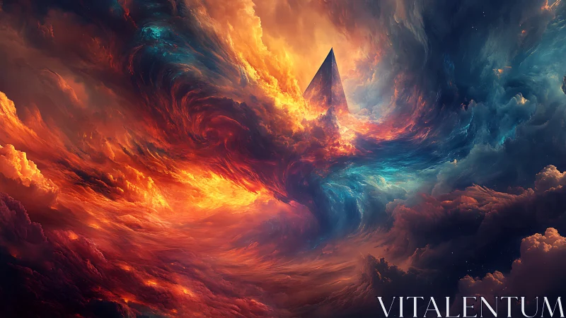Geometric pyramid structure amid swirling colored clouds.