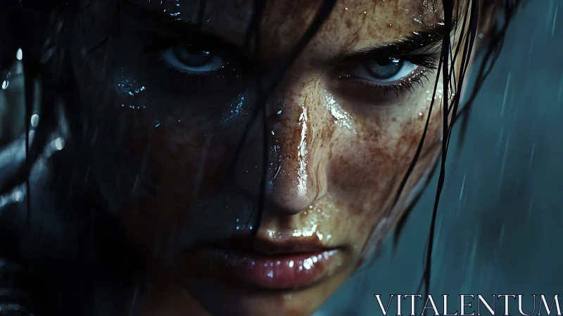Hyperreal close-up portrait captures intense rain-soaked stare