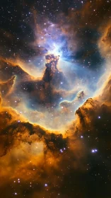 Photorealistic nebula column with luminous ionized gas contours.