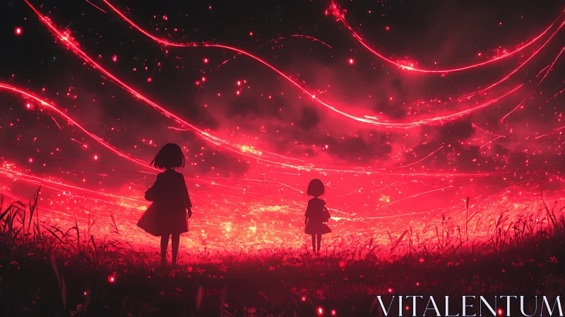 Two young friends watch glowing red streaks cross the sky