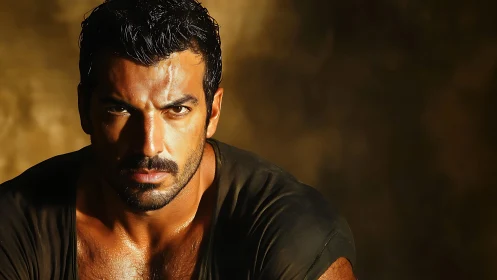 Brooding desert warrior under molten amber studio light.