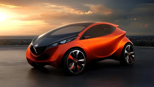 Futuristic orange electric city car concept at rooftop sunset