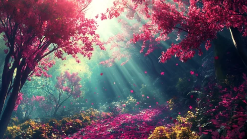 Digital painting of luminous magenta forest path composition.