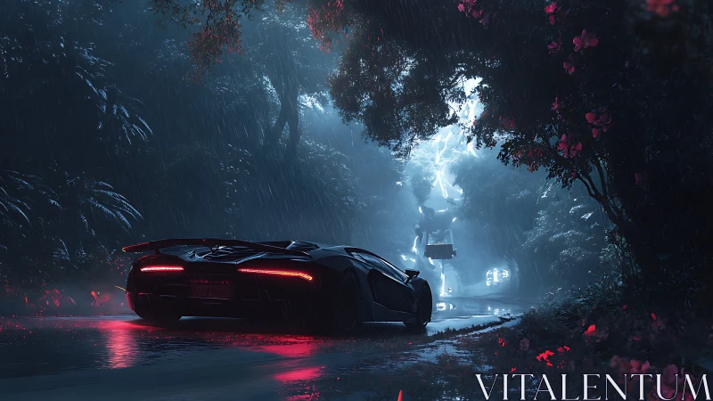 Futuristic sports car on rainy forest road at night.