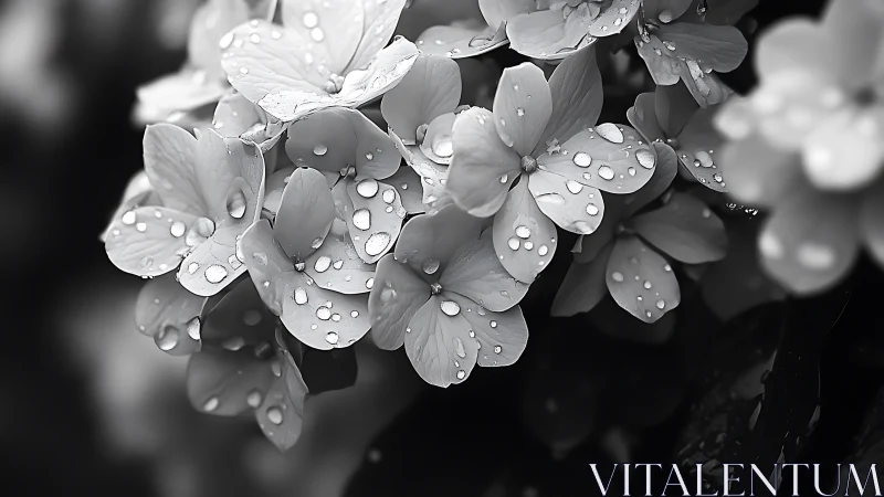 Rain-Soaked Flower Petals in Monochrome Tranquility