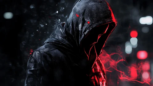 Hooded figure in dark urban scene with red digital accents.