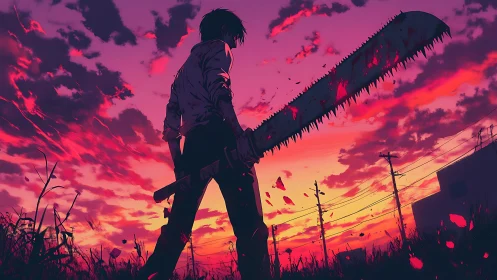 Backlit chainsaw wielder against saturated magenta sunset sky.