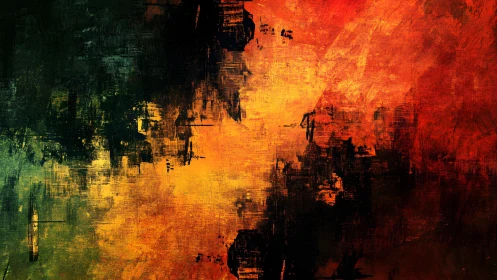 Abstract fiery textured painting with bold brushstrokes and vivid contrasts.