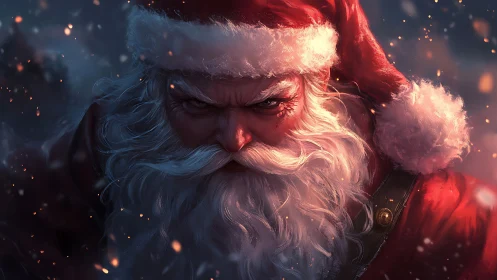 Digital painting close-up of intense warrior Santa portrait.