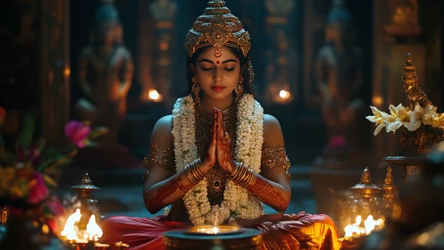 Temple firelight crowns a serene goddess in crimson silence