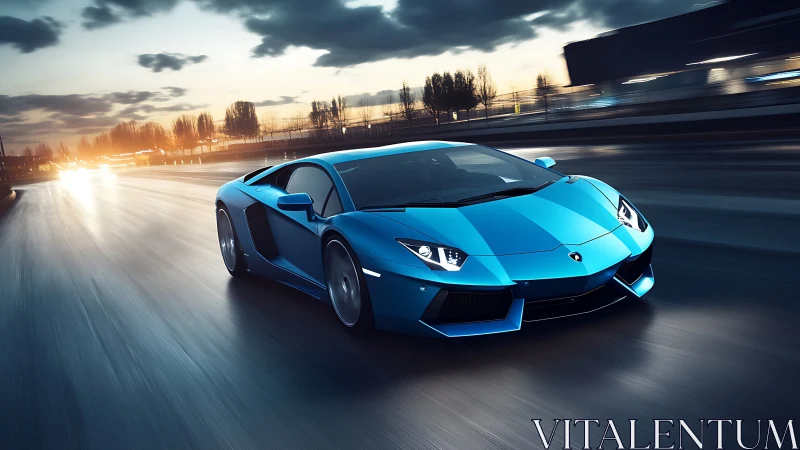 Blue Lamborghini supercar on wet highway at dusk.