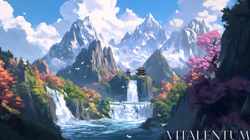 Mountain waterfall valley with distant pagoda structures.