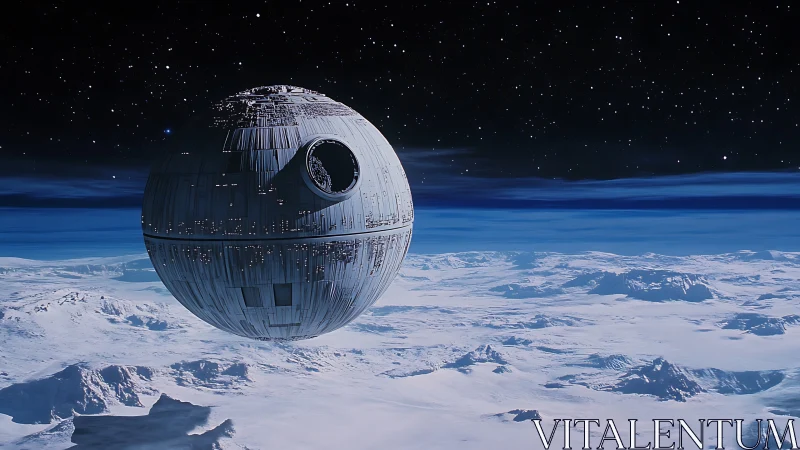 Spherical space station above frozen alien landscape.