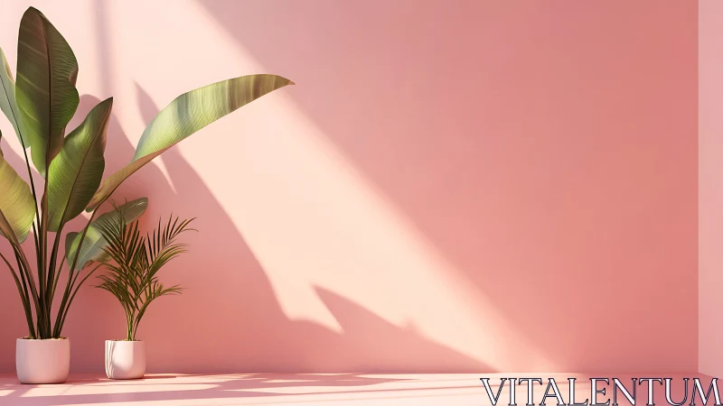 Sunlit tropical houseplants against soft pink wall.