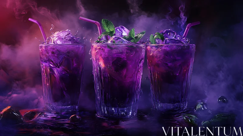 Three Purple Cocktails with Atmospheric Smoke and Mint.