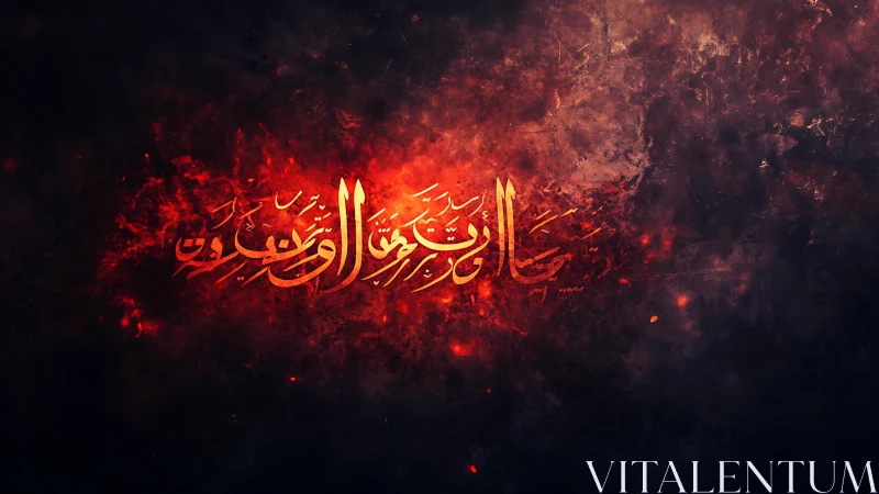Glowing Arabic calligraphy rising from deep ember shadows.