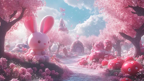 Cute pink bunny in whimsical cherry blossom fantasy world.
