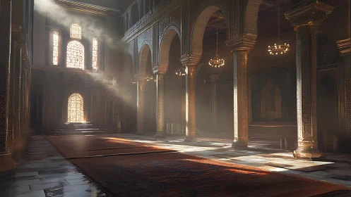 Digital painting of sunlit Islamic interior with arches and rugs.