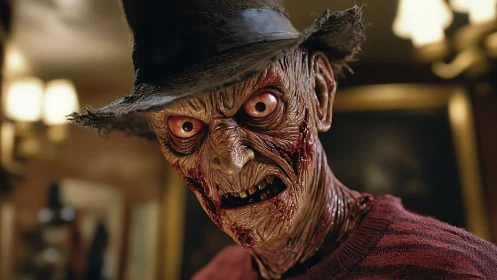 Grotesque humanoid horror figure with hat in interior setting.