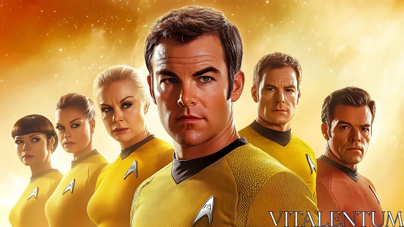 Bold starship crew poised in glowing cosmic light.