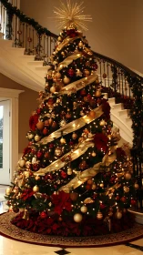 Large decorated Christmas tree in formal interior space.