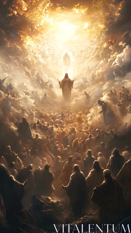 Radiant skyborne congregation beneath a blazing golden heaven.