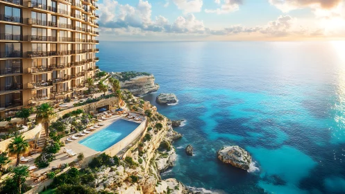 Cliffside hotel complex overlooks coastal pool and seascape