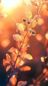 Backlit plant stems with dewdrops in warm sunset light.