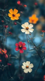 Colorful Cosmos Flowers Dancing in Dreamy Blue Light