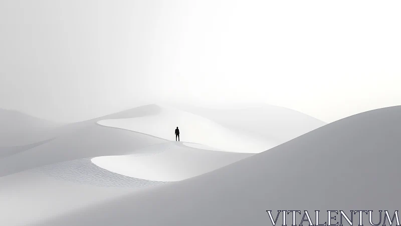 Solitary person stands on smooth white sand dunes in fog