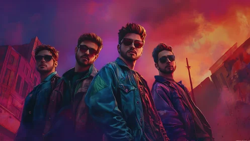 Neo-noir urban quartet stands against hyper-saturated dusk sky