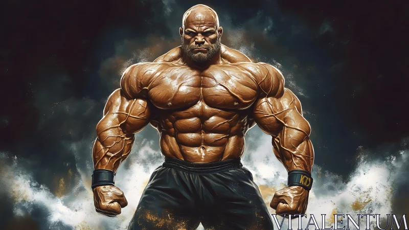 Hyper-real digital painting of ultra-muscular bodybuilder hero.