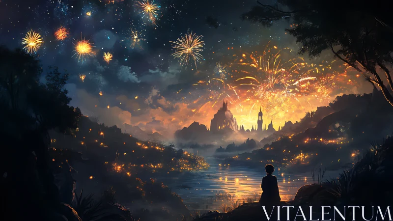 Silhouetted observer studies fireworks above luminous fantasy city